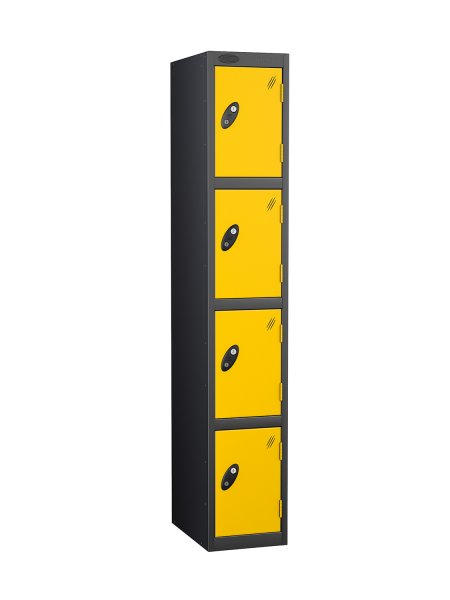 Single Metal Storage Locker | 4 Doors | 1780 x 380 x 380mm | Black Carcass | Yellow Door | Cam Lock | Probe