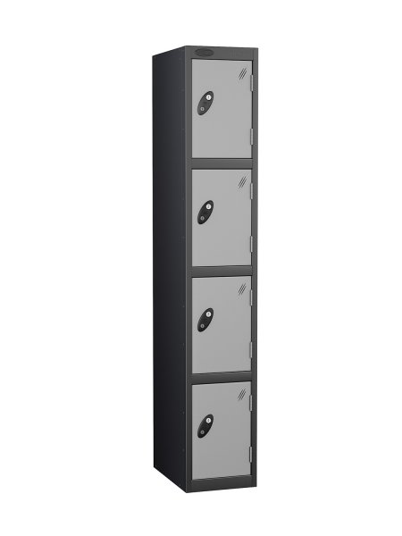 Single Metal Storage Locker | 4 Doors | 1780 x 380 x 380mm | Black Carcass | Silver Door | Cam Lock | Probe