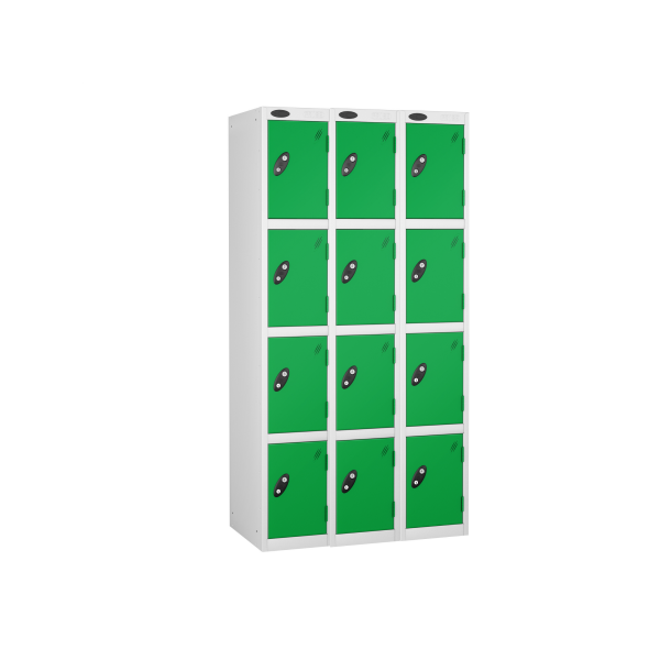 Nest of 3 Metal Storage Lockers | 4 Doors | 1780 x 380 x 380mm | White Carcass | Green Door | Cam Lock | Probe
