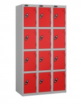 Nest of 3 Metal Storage Lockers | 4 Doors | 1780 x 380 x 380mm | Silver Carcass | Red Door | Cam Lock | Probe