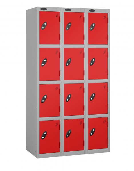 Nest of 3 Metal Storage Lockers | 4 Doors | 1780 x 380 x 380mm | Silver Carcass | Red Door | Cam Lock | Probe