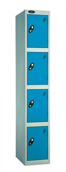 Single Metal Storage Locker | 4 Doors | 1780 x 380 x 460mm | Silver Carcass | Blue Door | Cam Lock | Probe