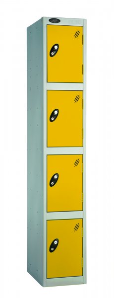 Single Metal Storage Locker | 4 Doors | 1780 x 380 x 460mm | Silver Carcass | Yellow Door | Cam Lock | Probe