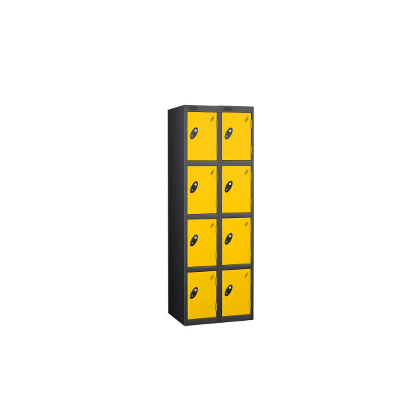 Nest of 2 Metal Storage Lockers | 4 Doors | 1780 x 380 x 460mm | Black Carcass | Yellow Door | Cam Lock | Probe