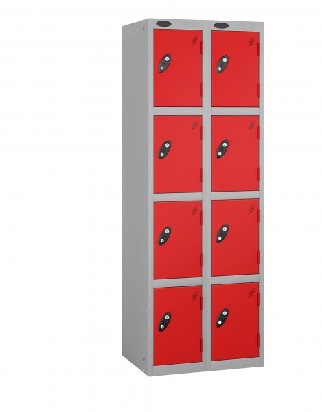 Nest of 2 Metal Storage Lockers | 4 Doors | 1780 x 380 x 460mm | Silver Carcass | Red Door | Cam Lock | Probe