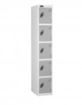 Single Metal Storage Locker | 5 Doors | 1780 x 305 x 305mm | White Carcass | Silver Door | Cam Lock | Probe