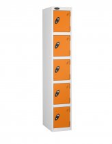 Single Metal Storage Locker | 5 Doors | 1780 x 305 x 305mm | White Carcass | Orange Door | Cam Lock | Probe