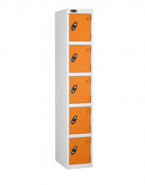 Single Metal Storage Locker | 5 Doors | 1780 x 305 x 305mm | White Carcass | Orange Door | Cam Lock | Probe