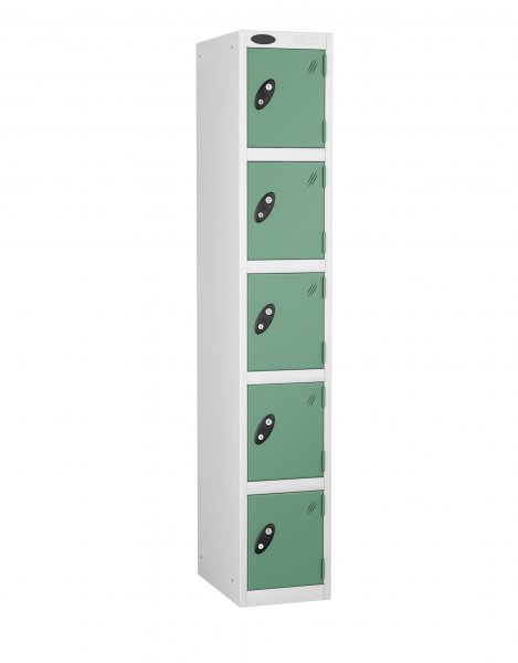 Single Metal Storage Locker | 5 Doors | 1780 x 305 x 305mm | White Carcass | Jade Door | Cam Lock | Probe