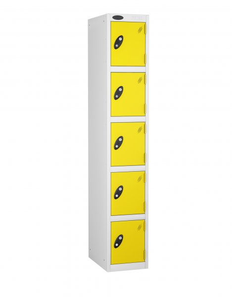 Single Metal Storage Locker | 5 Doors | 1780 x 305 x 305mm | White Carcass | Lemon Door | Cam Lock | Probe