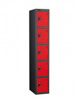 Single Metal Storage Locker | 5 Doors | 1780 x 305 x 305mm | Black Carcass | Red Door | Cam Lock | Probe