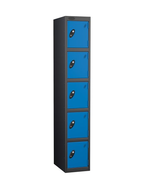 Single Metal Storage Locker | 5 Doors | 1780 x 305 x 305mm | Black Carcass | Blue Door | Cam Lock | Probe