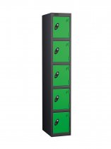 Single Metal Storage Locker | 5 Doors | 1780 x 305 x 305mm | Black Carcass | Green Door | Cam Lock | Probe