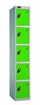 Single Metal Storage Locker | 5 Doors | 1780 x 305 x 305mm | Silver Carcass | Green Door | Cam Lock | Probe