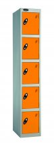 Single Metal Storage Locker | 5 Doors | 1780 x 305 x 305mm | Silver Carcass | Orange Door | Cam Lock | Probe