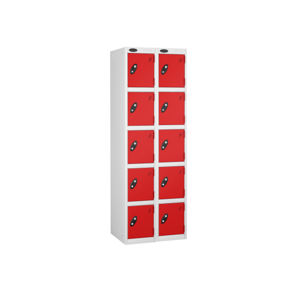 Nest of 2 Metal Storage Lockers | 5 Doors | 1780 x 305 x 305mm | White Carcass | Red Door | Cam Lock | Probe