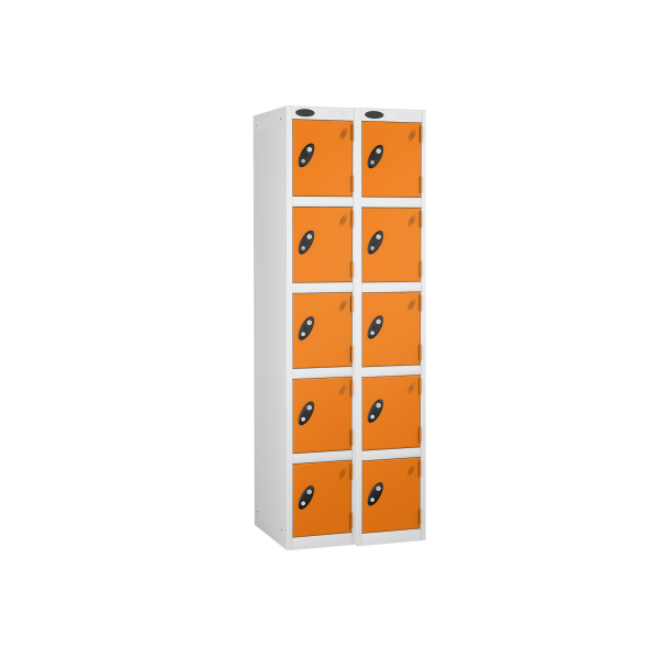 Nest of 2 Metal Storage Lockers | 5 Doors | 1780 x 305 x 305mm | White Carcass | Orange Door | Cam Lock | Probe