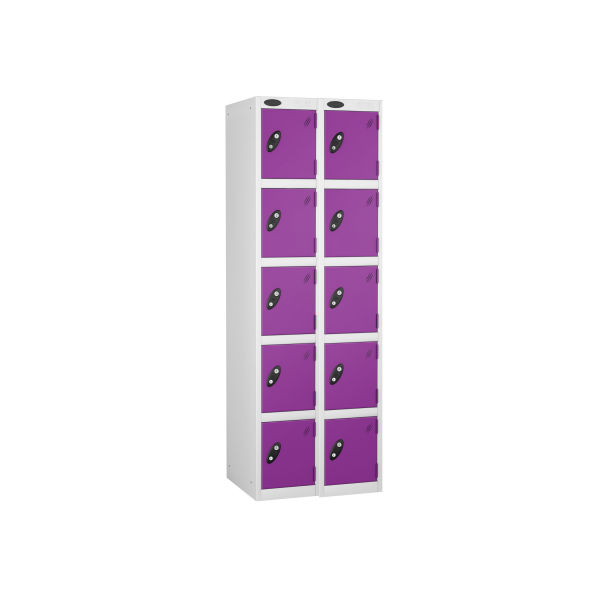 Nest of 2 Metal Storage Lockers | 5 Doors | 1780 x 305 x 305mm | White Carcass | Lilac Door | Cam Lock | Probe