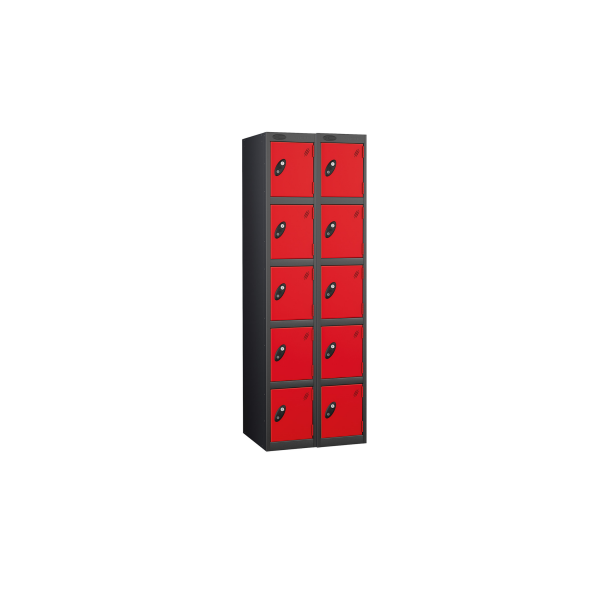 Nest of 2 Metal Storage Lockers | 5 Doors | 1780 x 305 x 305mm | Black Carcass | Red Door | Cam Lock | Probe