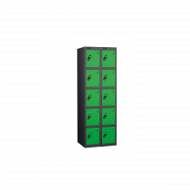 Nest of 2 Metal Storage Lockers | 5 Doors | 1780 x 305 x 305mm | Black Carcass | Green Door | Cam Lock | Probe