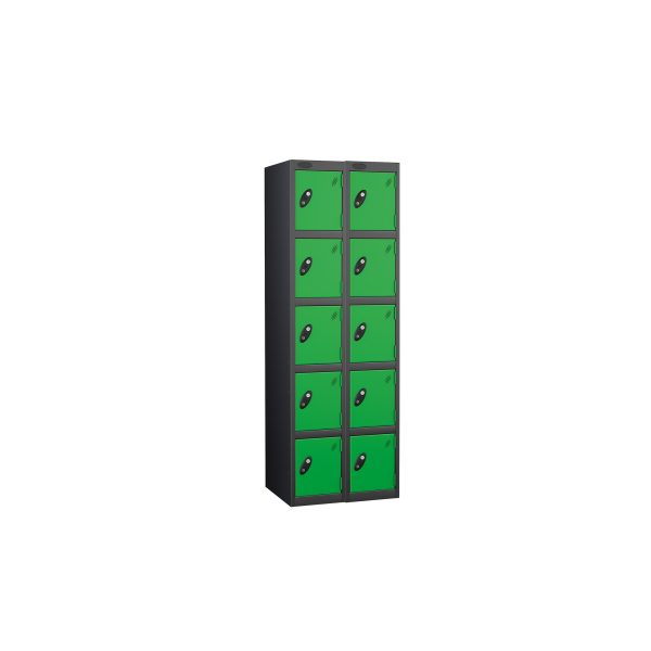 Nest of 2 Metal Storage Lockers | 5 Doors | 1780 x 305 x 305mm | Black Carcass | Green Door | Cam Lock | Probe