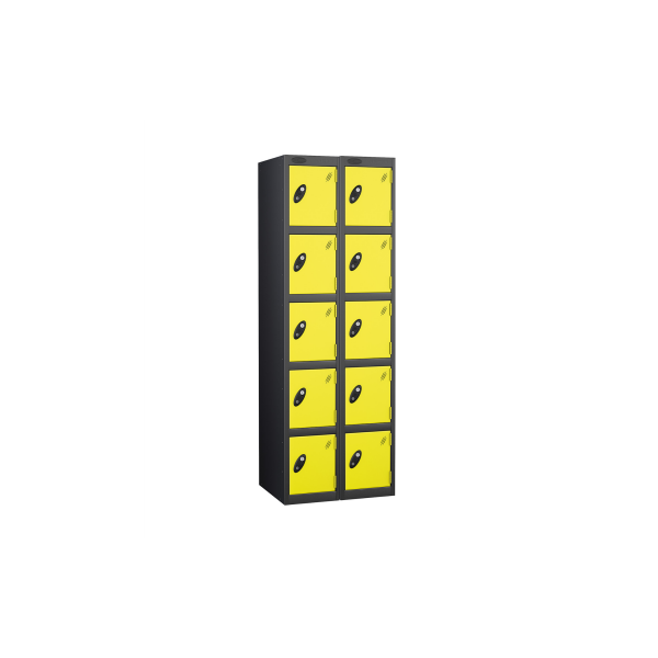 Nest of 2 Metal Storage Lockers | 5 Doors | 1780 x 305 x 305mm | Black Carcass | Lemon Door | Cam Lock | Probe