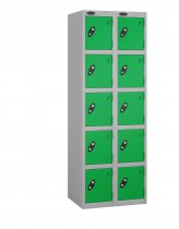 Nest of 2 Metal Storage Lockers | 5 Doors | 1780 x 305 x 305mm | Silver Carcass | Green Door | Cam Lock | Probe