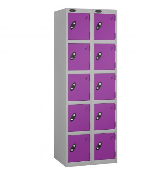 Nest of 2 Metal Storage Lockers | 5 Doors | 1780 x 305 x 305mm | Silver Carcass | Lilac Door | Cam Lock | Probe