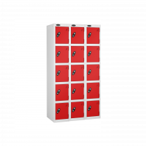 Nest of 3 Metal Storage Lockers | 5 Doors | 1780 x 305 x 305mm | White Carcass | Red Door | Cam Lock | Probe