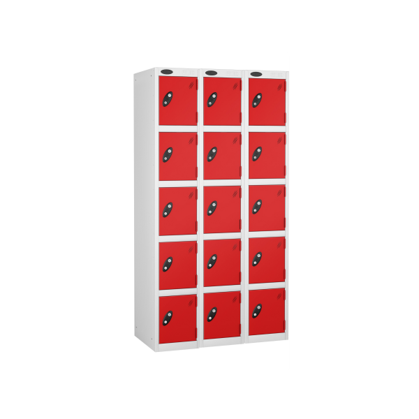 Nest of 3 Metal Storage Lockers | 5 Doors | 1780 x 305 x 305mm | White Carcass | Red Door | Cam Lock | Probe