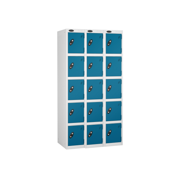 Nest of 3 Metal Storage Lockers | 5 Doors | 1780 x 305 x 305mm | White Carcass | Blue Door | Cam Lock | Probe