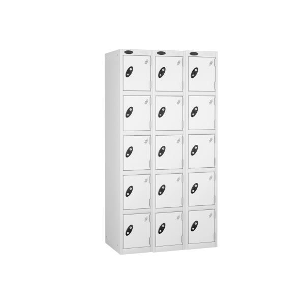 Nest of 3 Metal Storage Lockers | 5 Doors | 1780 x 305 x 305mm | White Carcass | White Door | Cam Lock | Probe