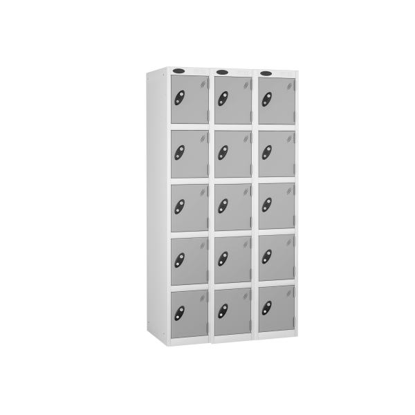 Nest of 3 Metal Storage Lockers | 5 Doors | 1780 x 305 x 305mm | White Carcass | Silver Door | Cam Lock | Probe