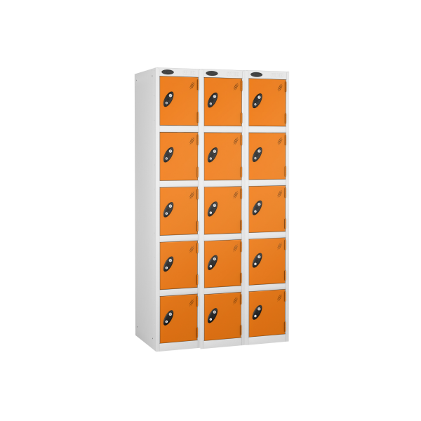 Nest of 3 Metal Storage Lockers | 5 Doors | 1780 x 305 x 305mm | White Carcass | Orange Door | Cam Lock | Probe