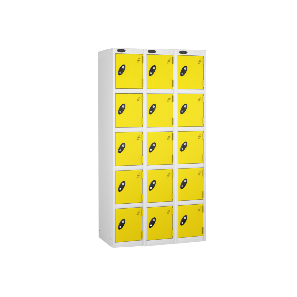 Nest of 3 Metal Storage Lockers | 5 Doors | 1780 x 305 x 305mm | White Carcass | Lemon Door | Cam Lock | Probe