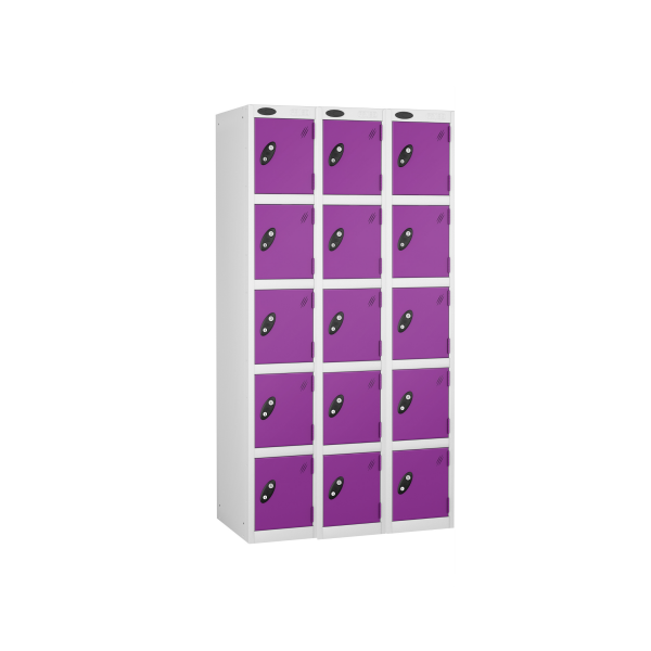 Nest of 3 Metal Storage Lockers | 5 Doors | 1780 x 305 x 305mm | White Carcass | Lilac Door | Cam Lock | Probe