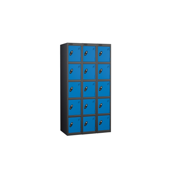 Nest of 3 Metal Storage Lockers | 5 Doors | 1780 x 305 x 305mm | Black Carcass | Blue Door | Cam Lock | Probe