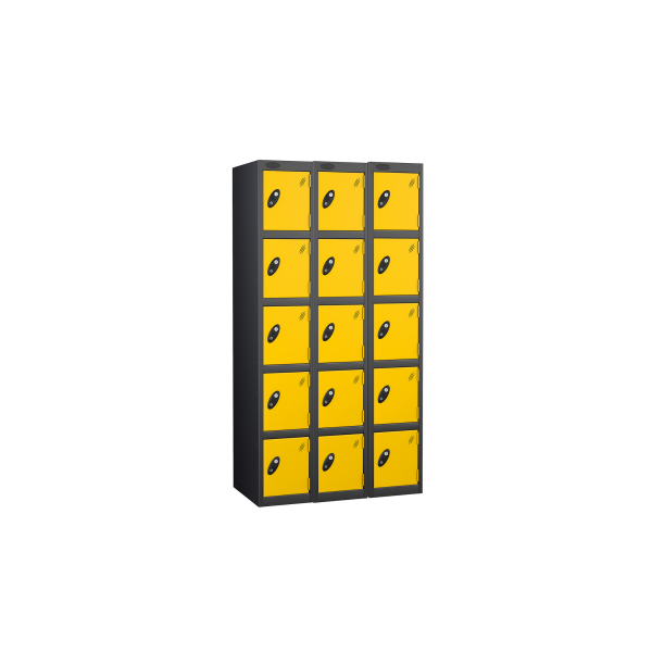 Nest of 3 Metal Storage Lockers | 5 Doors | 1780 x 305 x 305mm | Black Carcass | Yellow Door | Cam Lock | Probe