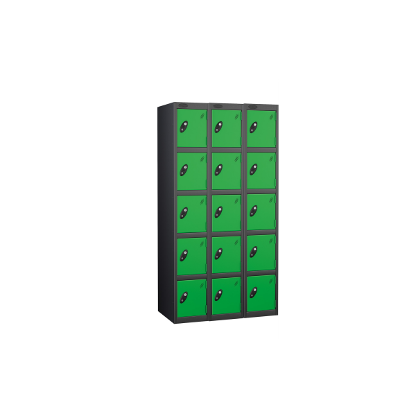 Nest of 3 Metal Storage Lockers | 5 Doors | 1780 x 305 x 305mm | Black Carcass | Green Door | Cam Lock | Probe