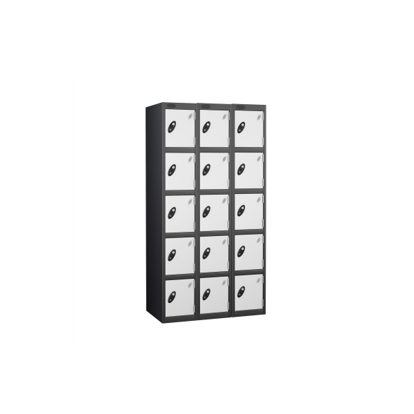 Nest of 3 Metal Storage Lockers | 5 Doors | 1780 x 305 x 305mm | Black Carcass | White Door | Cam Lock | Probe