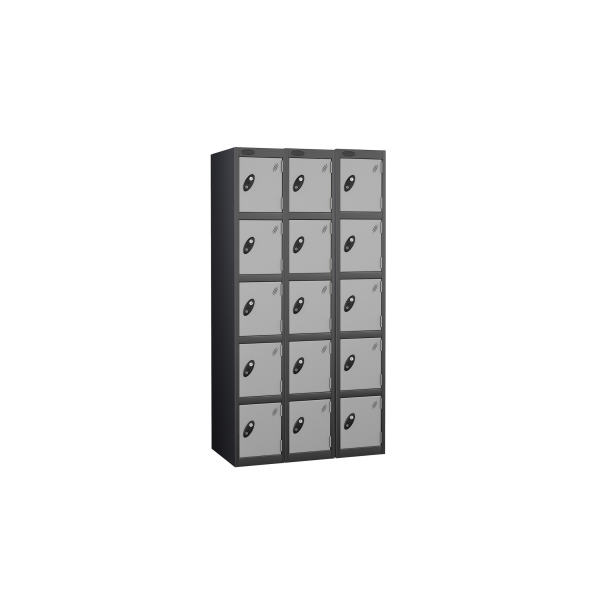 Nest of 3 Metal Storage Lockers | 5 Doors | 1780 x 305 x 305mm | Black Carcass | Silver Door | Cam Lock | Probe