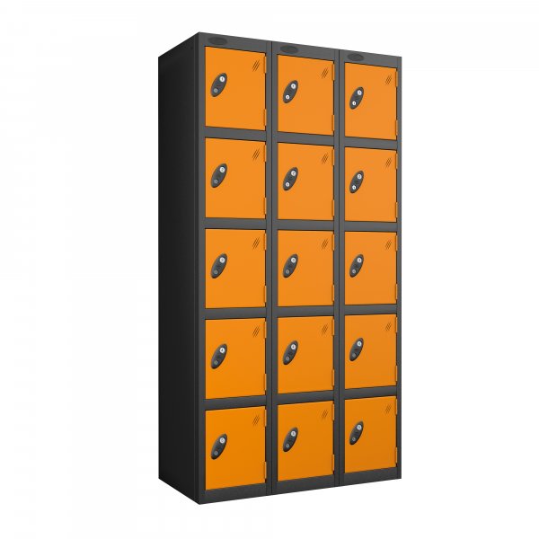 Nest of 3 Metal Storage Lockers | 5 Doors | 1780 x 305 x 305mm | Black Carcass | Orange Door | Cam Lock | Probe