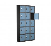 Nest of 3 Metal Storage Lockers | 5 Doors | 1780 x 305 x 305mm | Black Carcass | Ocean Door | Cam Lock | Probe