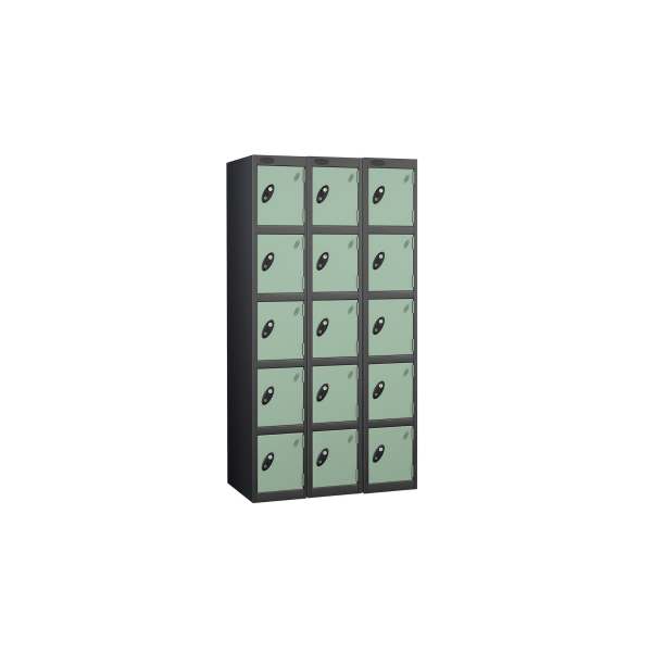 Nest of 3 Metal Storage Lockers | 5 Doors | 1780 x 305 x 305mm | Black Carcass | Jade Door | Cam Lock | Probe