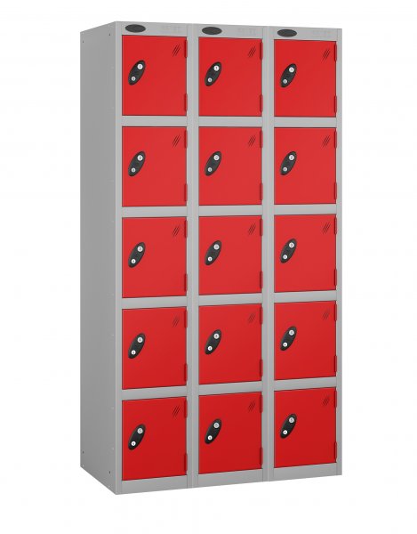 Nest of 3 Metal Storage Lockers | 5 Doors | 1780 x 305 x 305mm | Silver Carcass | Red Door | Cam Lock | Probe