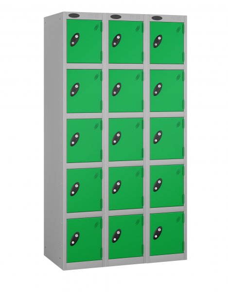 Nest of 3 Metal Storage Lockers | 5 Doors | 1780 x 305 x 305mm | Silver Carcass | Green Door | Cam Lock | Probe