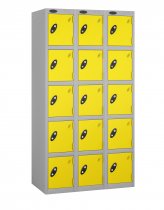 Nest of 3 Metal Storage Lockers | 5 Doors | 1780 x 305 x 305mm | Silver Carcass | Lemon Door | Cam Lock | Probe