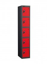 Single Metal Storage Locker | 5 Doors | 1780 x 305 x 380mm | Black Carcass | Red Door | Cam Lock | Probe