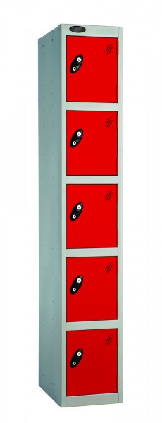 Single Metal Storage Locker | 5 Doors | 1780 x 305 x 380mm | Silver Carcass | Red Door | Cam Lock | Probe