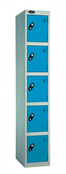 Single Metal Storage Locker | 5 Doors | 1780 x 305 x 380mm | Silver Carcass | Blue Door | Cam Lock | Probe